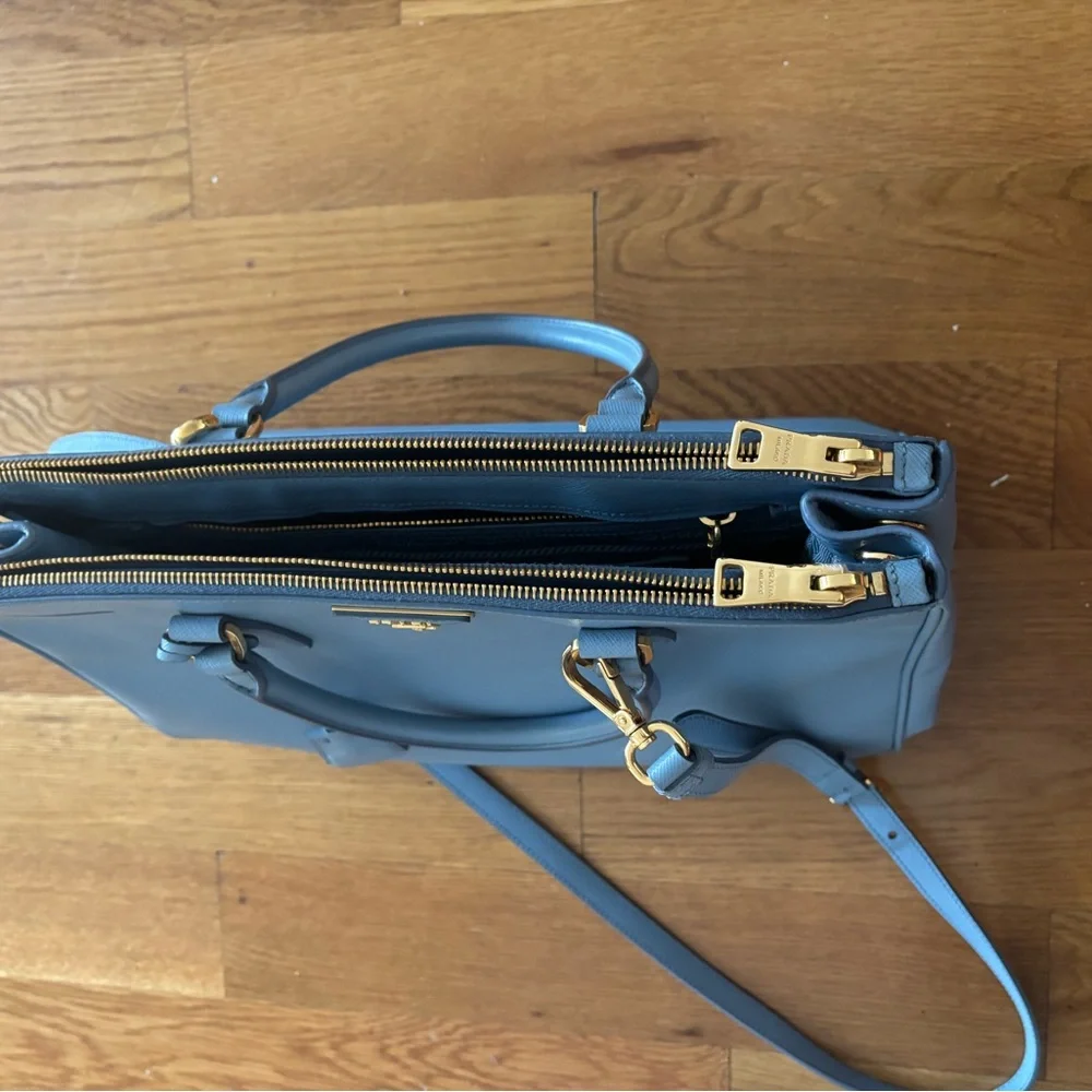 Prada Saffiano Large Double Zip Tote in Powder Blue (“Astrale”) Gold Hardware